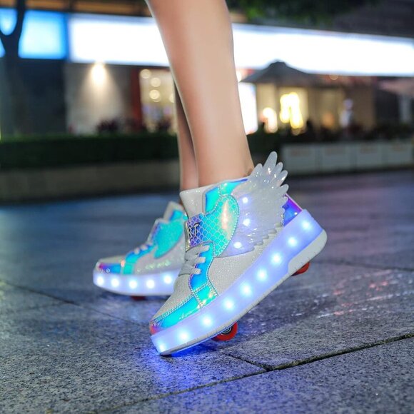 🆕 Men White USB Chargable LED Light Up Roller Wheeled Skate Sneaker Shoes Kids - Picture 5 of 7